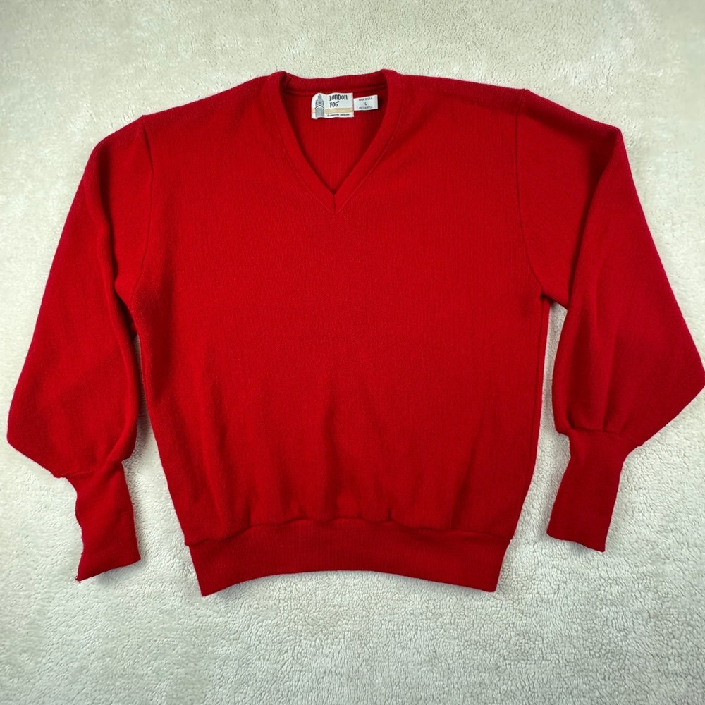 Vintage 80's Made in USA London Fog Men's Red‎ V-Neck Long Sleeve Sweater Size L